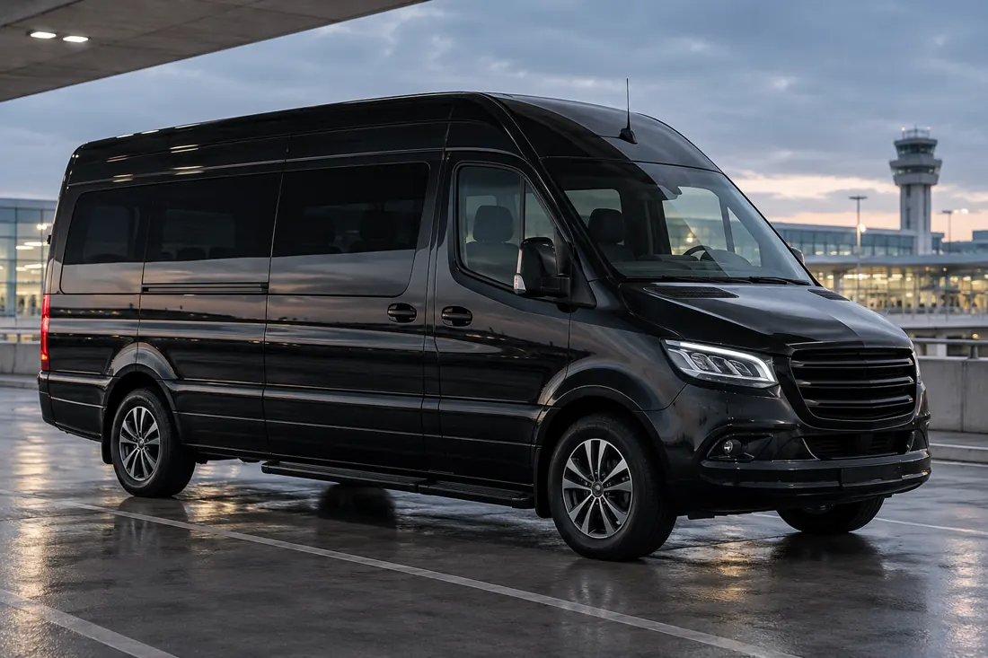 Illustrative unbranded black sprinter executive van